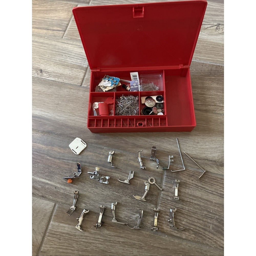 Bernina Sewing Machine Old Style Feet 16 Pieces w/ Sewing Box & Notions